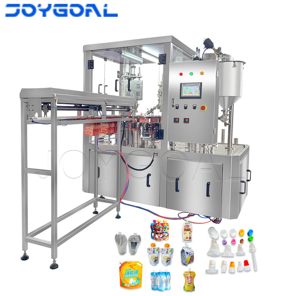 AUTOMATIC STAND UP SPOUT POUCH FILLING AND CAPPING MACHINE FOR PACKING PASTE PEANUT BUTTER JAM​